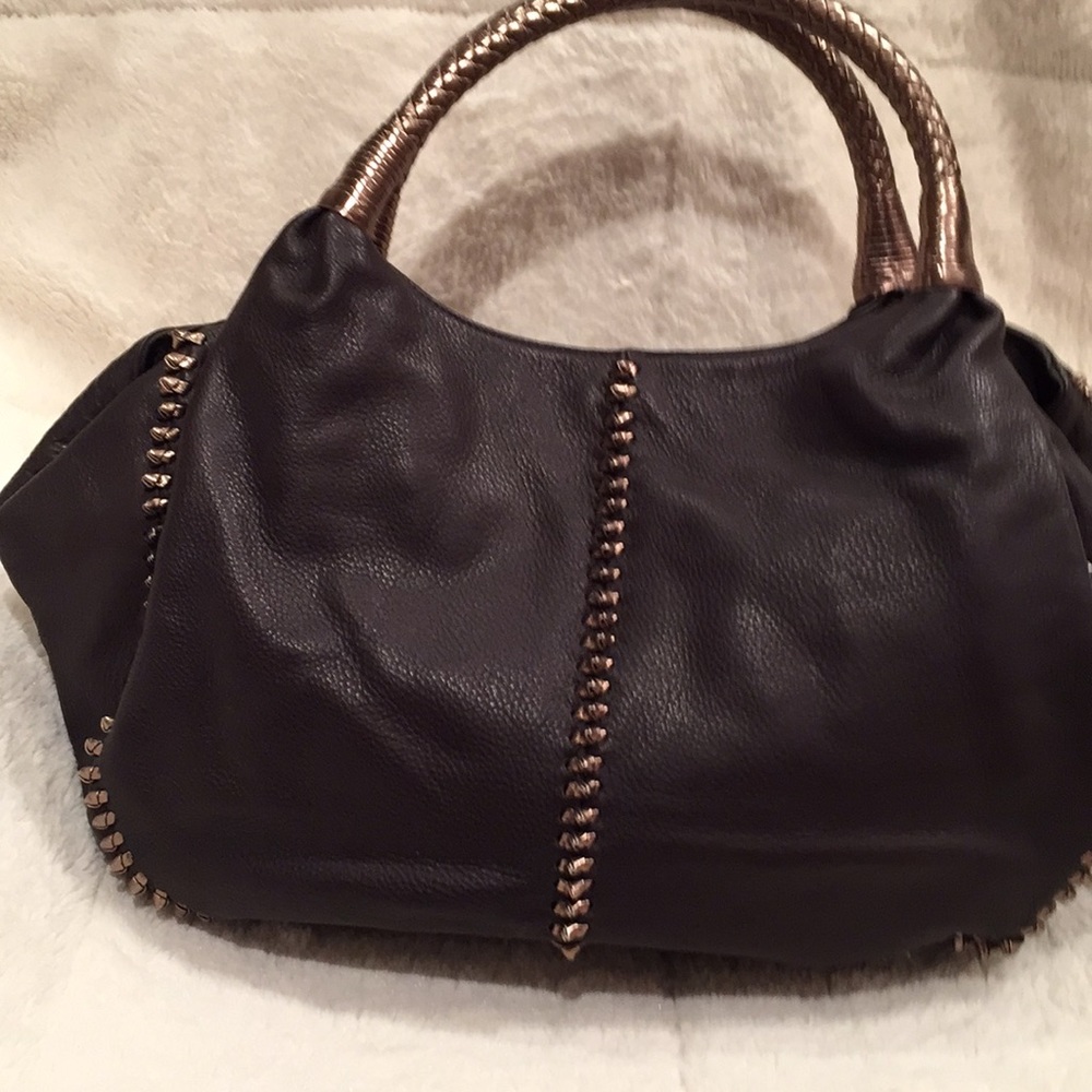 Loft Brown Leather Bag with bronze braiding